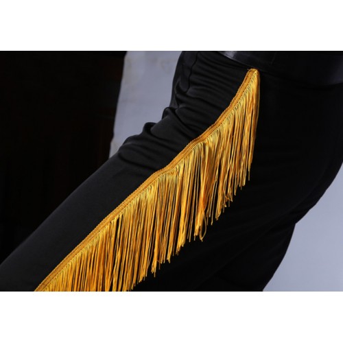 Black royal blue yellow fringes side leg competition performance professional men's male latin ballroom dance pants 